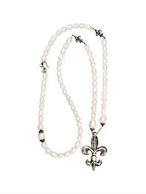 Sterling Silver Large Fleur-de-lis and Pearl Wrap Necklace